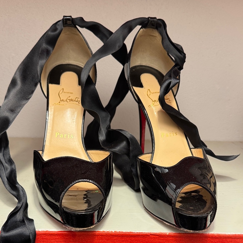 Christian Louboutin Black Satin Peep-Toe Heels 39 but fits like 39.5